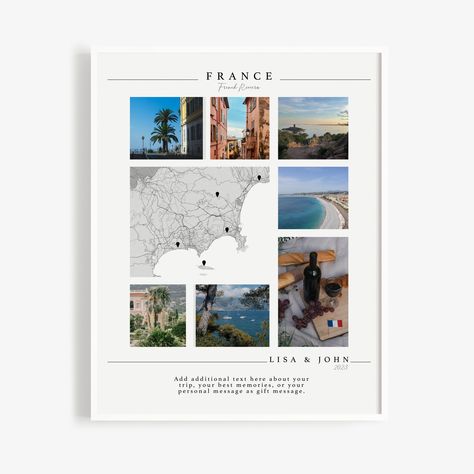 "Your travel memories can make a great gift. Gather them and together with a minimalist map you have everything together, a synopsis of the best moments of your holiday, in a digital version or printed version. You will get your first draft in 6 to 24hr after receiving all the necessary data.  How to place an order:  1. In the \"Personalization\" box please leave  - country / place - names  - year - additional text you would like to add underneath the photo collage as a gift message. 2. Send us 6 pictures via DM or to our email address lexaartprint@gmail.com 3. I will send the digital file to you in less than 24hrs, in the size you have requested, for you to check.   4. If you have opted for a digital version, you will receive it as soon as you have agreed upon the final design. If you hav Travel Photo Frame, Trip Collage, Photo Collage Art, Travel Gallery Wall, Adventure Wall Art, Adventure Wall, Photos Collage, Collage Foto, Foto Collage