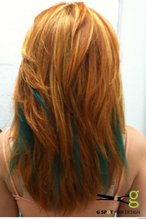 Tons of Ginger and Teal green pinch braids to add color without chemicals! http://gspothairdesign.com/ Ginger And Coloured Hair, Auburn And Green Hair, Red Hair Green Highlights, Ginger With Colored Streaks, Ginger Hair With Blue Streaks, Copper Teal Hair, Ginger Hair With Green Highlights, Ginger And Teal Hair, Ginger Hair With Blue Highlights