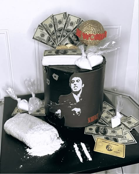 Men’s 25th Birthday Party Ideas, Scarface Party Decorations, Cake Designs Men Birthday, Designer Cake For Men, Scarface Birthday Theme, 20th Birthday Ideas For Guys, Scarface Party Theme, 26 Birthday Ideas For Him, Scarface Cake