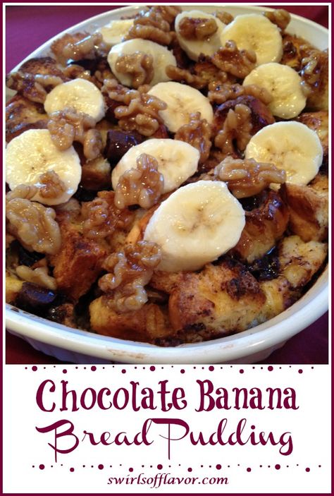 Chocolate Banana Bread Pudding is an easy recipe that's bursting with fresh bananas, chocolate chunks and walnuts making our breakfast casserole the perfect brunch or dessert indulgence. Top with whipped cream or vanilla bean ice cream and you'll be in heaven with every bite! #banana #walnuts #chocolate #breadpudding #easyrecipe #casserole #brunch #breakfast #dessert #mothersday #swirlsofflavor Chocolate Banana Bread Pudding, Chocolate Chip Bread Pudding, Banana Chocolate Chip Bread, Blueberry Bread Pudding, Banana Bread Pudding, Awesome Desserts, Blueberry Banana Bread, Chocolate Bread Pudding, Bread Puddings