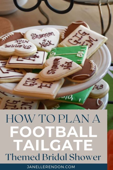 Tailgate Couples Shower Decorations, Tailgate Bridal Shower Theme, Sports Theme Bridal Shower Ideas, Couples Shower Tailgate Theme, Football Bachelor Party, Tailgate Rehearsal Dinner, Tailgate Shower Couples, Tailgate Bridal Shower Ideas, Tailgate Bachelorette Party