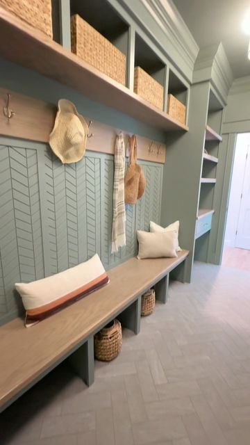 Sage Green Mudroom, Sage Green Wall Color, Mud Room Colors, Green Mudroom, Mudroom Inspiration, Mudroom Cubbies, Green Wall Color, Sage Green Wall, Colorful Storage