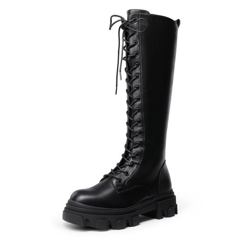 PRICES MAY VARY. Chunky Combat Platform Boots: Chunky combat knee-high boots are a must-have for your closet. The PU upper is smooth and easy to clean. Side Zipper: With a smooth side zipper the boots are easy to put on & take off. Lace Up Combat Boots For Women: Alter the shoelaces for a snug fit & keep them in place for a more comfortable wearing experience. Latex Insole: The thick latex insole is cushioned and breathable, providing all-day comfort. Fashion Must-Have: These women's knee-high c