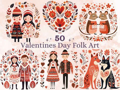 Folk Art Hearts, Scandinavian Valentines Day Decor, Fantasy Romance Art, Couple Png, Art Love Couple, Arte Folk, Valentines Day Clipart, Art & Craft Kit, Heart Illustration