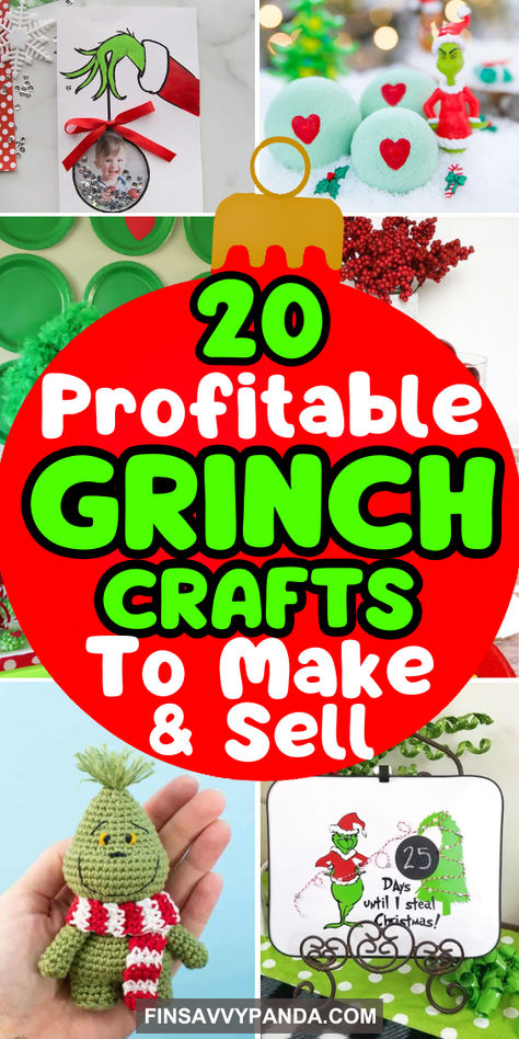 Grab these easy DIY Grinch crafts to make and sell for a profit! From Dollar Tree ornaments to unique wooden decor, these popular Grinch-inspired crafts are perfect for kids and adults alike. Create fun wreaths, wine glasses, paper plate projects, and more. Great for gifts and side hustle ideas, these crafts are sure to make you money this Christmas season! Grinch Inspired Ornaments, Grinch Pinecone Craft, Grinch Fabric Ornaments, Clay Pot Grinch, Grinch Diy Gifts, Diy Dollar Tree Ornaments Craft Ideas, Grinch Party Crafts, Grinch Craft For Toddlers, Easy Xmas Ornaments To Make