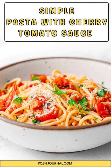 Looking for a simple and delicious recipe that showcases the best of fresh summer tomatoes? This easy pasta with cherry tomato sauce is perfect for you! Made with just a few basic ingredients, this recipe is quick to prepare and bursting with vibrant flavors. In just 20 minutes, you can have a savory pasta ready to enjoy. Pasta And Cherry Tomato Recipes, Tomatoes Pasta Recipes, Burst Cherry Tomato Sauce, Cherry Tomatoes Pasta, Fettuccine Alfredo With Shrimp, Alfredo With Shrimp, Classic Italian Pasta Salad, Pasta Tomato Sauce, Dinner And Lunch Recipes