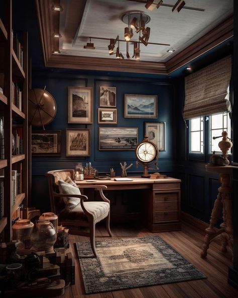 Nautical Homesteads 🛟 EP VI: Study room Variations Comment your fav slide 💙 | Instagram Gentlemen’s Office, Hague Blue Office, Midnight Blue Office, Blue Study Room, Home Office Dark Wood, Color Drenched Office, Wizard Room, Mens Study, Traditional Study