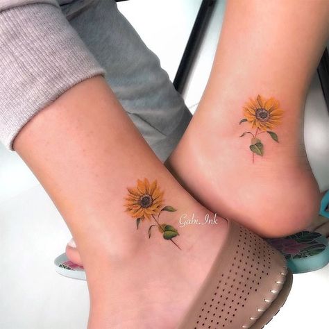 Matching Sunflower Tattoos Mom, Sunflower Friendship Tattoos, Sunflower Tattoo Ankle, Matching Sunflower Tattoos, Sunflower Ankle Tattoo, Sunflower Foot Tattoos, Small Sunflower Tattoo, Sunflowers Tattoo, Bestie Tattoos