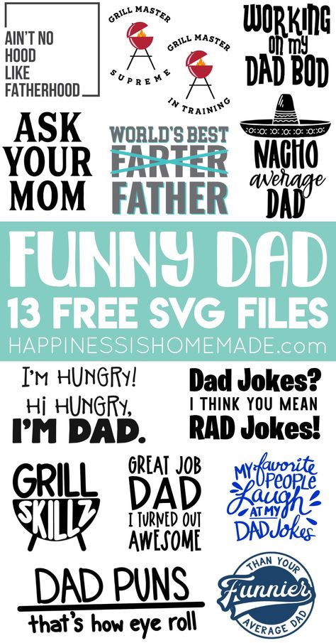 Get 13 Totally FREE Funny Dad SVG Files - perfect for shirts, hats, mugs, can koozies, and more! Makes a great birthday or Father's Day gift idea! Free Dad SVGs Dad Crafts, Fathers Day Svg, My Hood, Cricut Projects Beginner, Fathers Day Quotes, Dad Svg, Father's Day Diy, Cricut Free, Cricut Craft Room