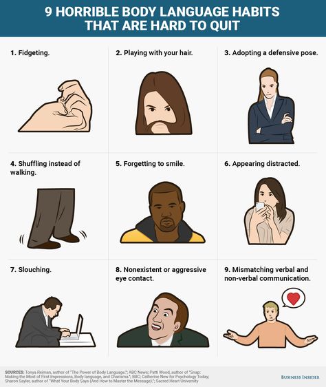 9 horrible body language habits that are hard to quit http://www.businessinsider.com/horrible-body-language-habits-that-are-hard-to-quit-2016-10 Confident Body Language, Reading Body Language, Nonverbal Communication, How To Read People, Personality Development, Psychology Today, Human Behavior, Psychology Facts, Public Speaking