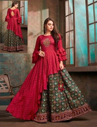 Magenta And Green, Long Blouse Designs, Long Gown Design, Lehenga Suit, Salwar Designs, Long Dress Design, Choli Designs, Indian Gowns Dresses, Suits Design