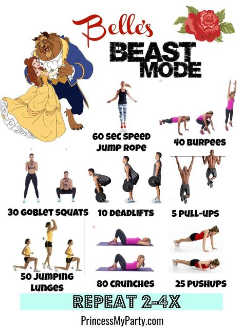 Disney Princess Workout Beauty and the Beast Disney Movie Workouts, Mermaid Workout, Disney Workout, Tv Show Workouts, Princess Workout, Movie Workouts, Beast Workout, Beginner Exercises, January Challenge