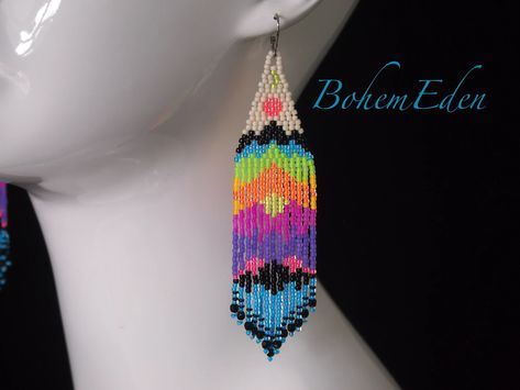 Neon Beaded Earrings, Neon Mountain, Fringe Earring Pattern, Native Patterns, Seed Bead Projects, Fringe Earring, Bead Earring, Bead Fringe, Brick Stitch Earrings