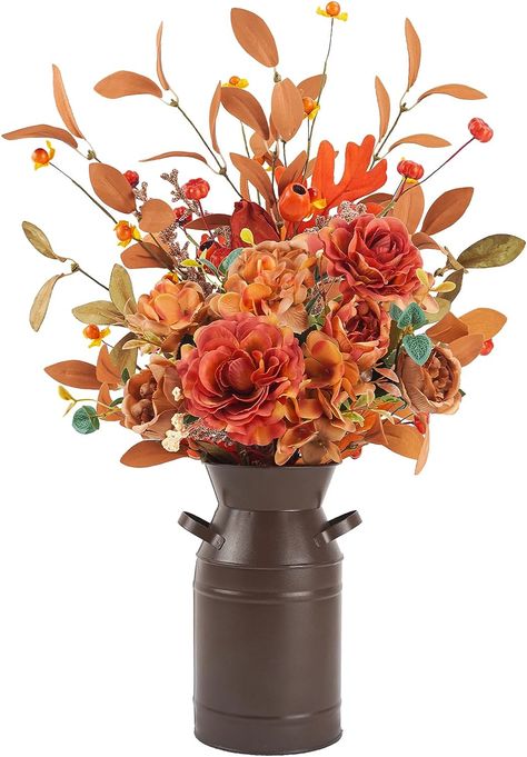 Fall beauty in a farmhouse vase. I love the fall farmhouse vibe this bouquet gives. Perfect to pair with any of your fall decor or fall wedding. This bouquet does come with the vase. click on the picture to go straight to the product Fall Flowers Arrangements, Flowers Arrangements For Table, Fall Floral Stems, Fall Hydrangea, Table Flower Arrangements, Fall Stem, Fall Table Centerpieces, Fall Flower Arrangements, Silk Flower Bouquets