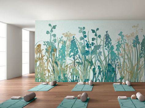 Yoga Studio Design Interiors, Yoga Studio Interior, Yoga Studio Design, Summer Blues, Yoga Space, Studio Interior Design, Studio Interior, Summer Blue, Mural Painting