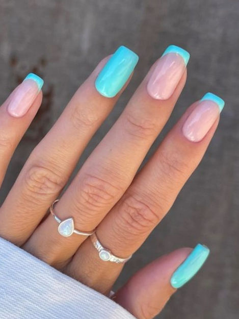 turquoise nails: French tip accent White Nails With Turquoise Design, Summer Nails Teal Aqua, White Turquoise Nails, Pale Turquoise Nails, Nails For Turquoise Dress, Teal Nails Acrylic French Tips, Square Turquoise Nails, Turquoise Tips Nails, Turquoise Nail Tips