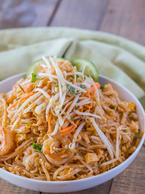 Easy Pad Thai with Shrimp, tofu, rice noodles, and peanuts in a quick sauce made from fish sauce, sugar, crushed red pepper and vinegar in less than 30 minutes. Skip the delivery! Red Thai Curry Shrimp With Rice Noodles, Shrimp Tofu, Tofu Rice, Wok Recipes, Dinner Then Dessert, Noodles Recipes, Chicken Pad Thai, Thai Peanut Chicken, Pad Thai Noodles