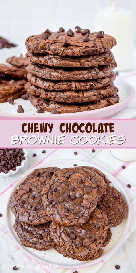 Chewy Chocolate Brownie Cookies - these chewy brownie cookies are made with two different kinds of chocolate. Make this easy cookie recipe and fill them with ice cream for a fun summer treat! #cookies #browniecookies #chocolate #chewycookies #homemade #recipe Chewy Brownie Cookies, Chewy Chocolate Brownies, Easy Cookie Recipe, Chewy Chocolate Cookies, Chocolate Brownie Cookies, Cookie Brownie Recipe, Chewy Brownies, Best Brownies, Homemade Recipe