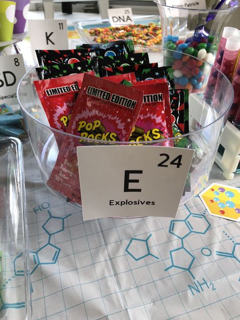 Chemical Engineering Graduation Party Ideas, Lab Theme Party, Chemistry Party Ideas, Chemistry Graduation Party, Science Themed Food Ideas, Kids Science Birthday Party, Chemistry Party Food Ideas, Chemistry Themed Party, Chemistry Themed Food