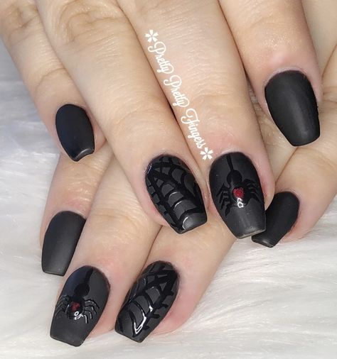 Halloween Spider Web Black Coffin Nails Matte Black Nails Halloween, Black Matte Halloween Nails, Black Matte Nails With Design Halloween, Black Spider Web Nails, Matte Spider Web Nails, Black Spiderweb Nails, Matte Black Halloween Nails, Halloween Nails Coffin Shape, Matte Black Spider Web Nails