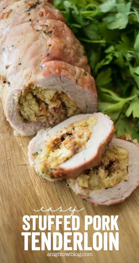 During the busy holiday season, this Easy Stuffed Pork Tenderloin is a delicious, quick and easy dinner you can make in just 30 minutes! It will be a new family favorite! Stuffing Stuffed Pork Loin, Easy Stuffed Pork Tenderloin, Stuffing Pork Tenderloin, Pork Tenderloin And Stuffing, Pork Tenderloin Stuffed With Stuffing, Stuffed Pork Fillet Recipes, Stuffing For Pork Tenderloin, Stuffed Pork Roast Recipes, Pork Tenderloin With Stuffing