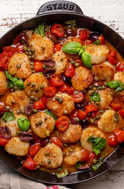 Pan Seared Scallops with Tomatoes, Olives, and Capers - Baker by Nature Italian Hoagie Recipe, Italian Hoagie, Spinach Pasta Recipes, Pan Seared Scallops, Yummy Pasta, Seared Scallops, Most Popular Pins, Homemade Lasagna, Scallop Recipes