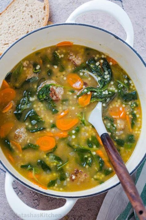 Half Baked Harvest Italian, Natashas Kitchen Recipes, Natasha Kitchen, Wedding Soup Recipe, Italian Wedding Soup Recipe, Natashas Kitchen, Blue Jean Chef, Creamy Carrot Soup, Tender Meatballs