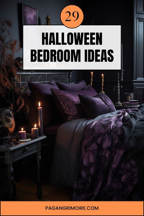 Looking to give your bedroom a Halloween twist? Discover inspirational ideas to create a spooky, cozy, and stylish space perfect for Halloween lovers all year round! 🎃🖤👻 #HalloweenDecor #SpookyBedroom #FallAesthetic #HomeDecorIdeas #CozyVibes Halloween Master Bed, Halloween Decorations For Bedroom, Loft Conversion Ideas Layout, Goth Home Aesthetic, Halloween Bedroom Ideas, Witchy Room Aesthetic, Halloween Themed Bedroom, Halloween Bedroom Aesthetic, Mystical Bedroom