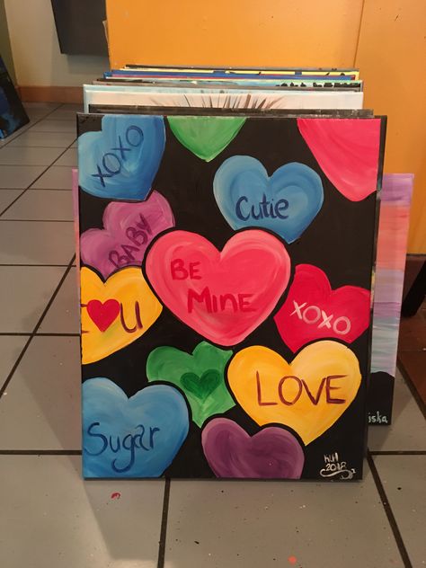 Valentine Paintings On Canvas For Kids, Valentine Gifts Painting, Kids Valentines Painting Ideas, Valentine’s Day Canvas Painting Ideas, Valentine Easy Painting, Valentine Theme Canvas Painting, Love You Painting, I Love You Painting Ideas, Love Week Ideas