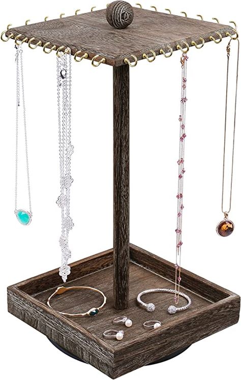 Amazon.com: Ikee Design Wooden Rotating Jewelry Organizer, Jewelry Display Tower for Necklace & Bracelet, Rotating Necklace Holder Jewelry Stand for Shows, White Color, 7.88”W x 7.88”D x 16”H : Clothing, Shoes & Jewelry Wood Necklace Holder Stand, Necklace Organizer Stand, Stand For Accessories, Wooden Bangle Stand, Wooden Necklace Holder, Bangle Stand Diy Ideas, Jewelry Holders Diy, Jewellery Stand Diy, Diy Jewelry Holder Stand