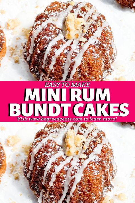 Your favorite Rum Cake Dessert just miniaturized! These Mini Rum Bundt Cakes are moist, buttery, and filled with flavor. With a decadent rum and butter glaze, these mini bundt cakes are sure to make you holler! They are the perfect dessert for any occasion! Mini Bunt Cake, Bunt Cake Recipe, Mini Bundt Cakes Recipes, Easy Bundt Cake Recipes, Easy Bundt Cake, Rum Cake Recipe, Butter Glaze, Mini Bundt, Boozy Desserts