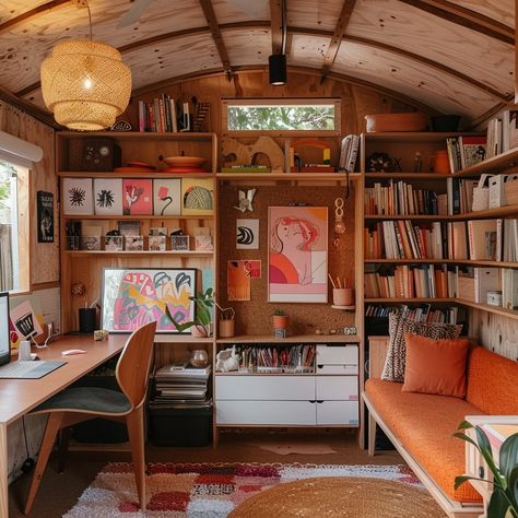 A cosy She Shed to sit, read and create 📚 #conceptart #interiordesign #aidesign #midjourneyinteriordesign #aiinteriordesign #interiordesignai #aiart #aiinspiration #aiinspiredart #homeofficedecor #homeofficegoals #homeofficedesk #mcmdesign #midcenturymodern #midjourneyart #sheshedesign #shesheddecor #studiodesign Art Nook Ideas, Cosy Art Studio, Tiny House Art Studio, She Shed Office Work Spaces, Artist Studio Workspaces, She Shed Home Office, Art Studio Shed, Shed Art Studio, She Shed Office Ideas