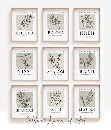 Hebrew Names of God Set of 9 Wall Art Prints Bible Verse - Etsy God Design On Wall, Bible Wall Art Scriptures, Names Of God Wall Art, Christian House Names, Bible Verse Frame, Bible Verse Wall Art Diy, Names Of God In Hebrew, Bible Verse Minimalist, Ring Embroidery