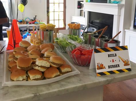 Construction-Themed 3rd Birthday Party Build A Burger Construction Party, Build A Burger Party Ideas, Party Food For Toddlers, Construction Party Printables, Food Party Favors, Build A Burger, Party Food Birthday, Construction Birthday Party Food, Construction Themed Birthday Party