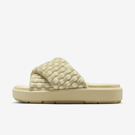 Jordan Sophia Slide, Alabaster White, Nike Gold, Jumpman Logo, Slide Slippers, Walking On Clouds, Womens Jordans, White Shoes Women, Slide Design