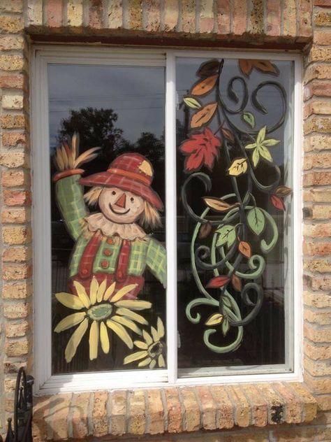 Fall Painting On Windows, Fall Window Painting Ideas Store, October Window Painting, Halloween Window Mural, Cute Fall Window Paintings, Scarecrow Window Painting, Fall Painted Window Ideas, Autumn Window Painting Ideas, Fall Mural Ideas