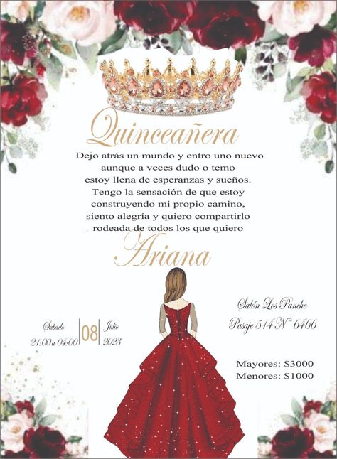 Vestido rojo y corona tarjeta de quinceañera Red Quince, Purple Invitations, Quince Invitations, Quinceanera Invitations, Quince, Quinceanera, Birthday, Red, Color