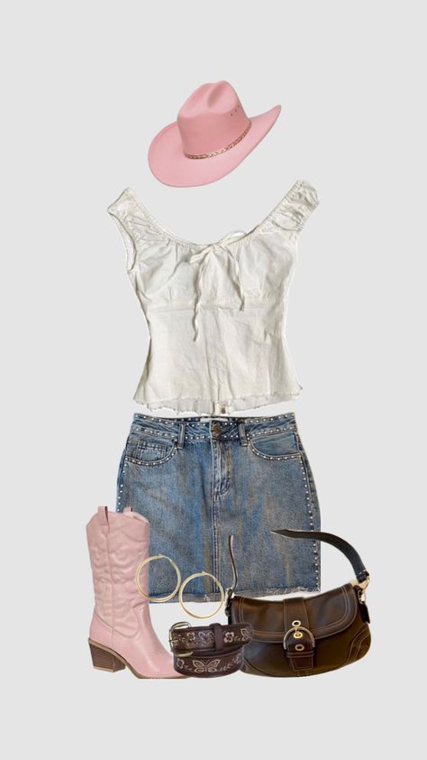 #outfitinspo #pink #western #cowgirl #denim #brown #fashion #fit Cowgirl Style Outfits Halloween Pink, Cowgirl Style Outfits Halloween, Coquette Cowgirl Outfit, Pink Cowgirl Aesthetic Outfit, Pink Rodeo Outfit, Cowgirl Outfits Aesthetic, Acl Fits, Pink Cowgirl Outfit, Pink Cowgirl Aesthetic