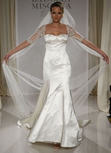 I love the sleeves on this dress. Badgley Mischka Wedding Dress, Badgley Mischka Bridal, Ballroom Reception, Garden Ceremony, Cathedral Length Veil, Badgley Mischka Dress, Sparkly Wedding Dress, Satin Dress Long, Evening Dresses With Sleeves