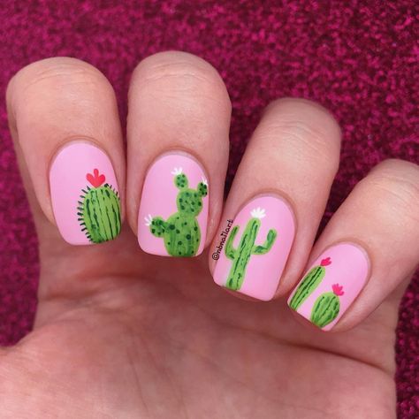 Cactus On Nails, Nails Cactus Design, Cactus Nails Simple, Nails With Cactus Design, Pink Cactus Nails, Cactus Nail Art, Succulent Nails, Plant Nails, Cactus Nails