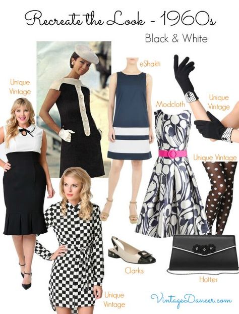 1960s style fashion. Black and white is an easy a very mod way to make a 60s look. VintageDancer.com/1960s 1960s Outfit Ideas, 1960s Outfit, Mod Outfit, 1960 Outfits, Outfits 60s, 1960s Fashion Women, 60s Mod Fashion, 60s Outfits, 1960 Style