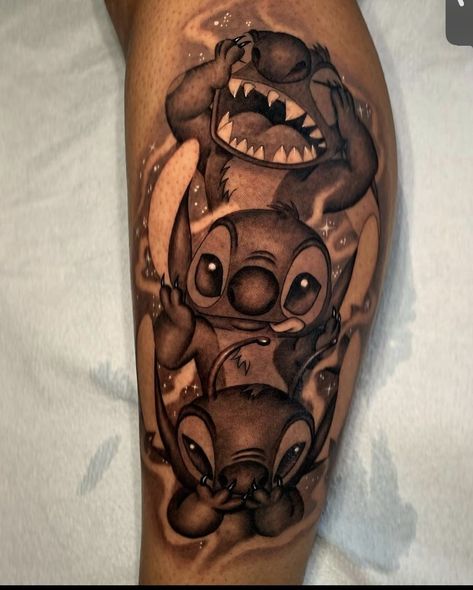 Mom Sleeve Tattoo Ideas For Son, Stitch Leg Tattoo, Stitch Tattoo Ideas Thigh, See No Evil Speak No Evil Hear No Evil Tattoo, Forearm Tattoo Women Disney, Hear No Evil See No Evil Tattoo Women, Random Leg Tattoos, Disney Thigh Sleeve Tattoo, Lilo And Stitch Tattoo Ideas