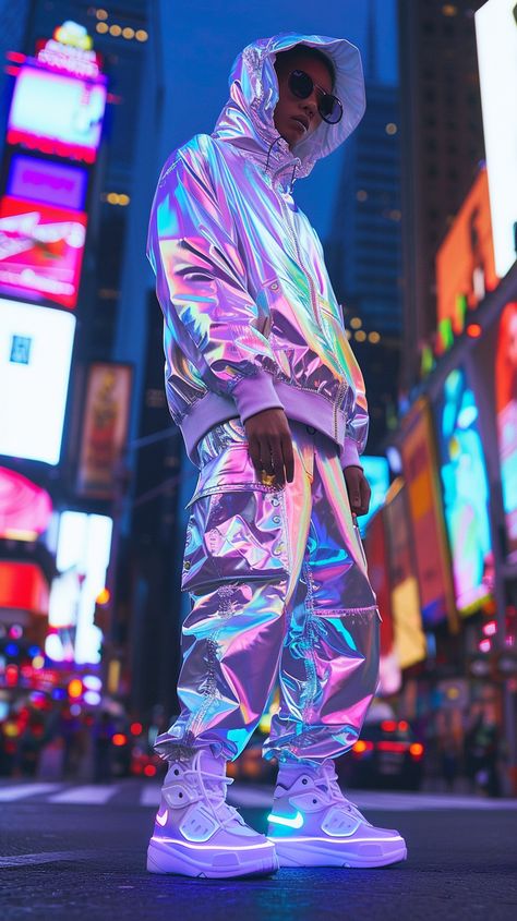 Futuristic streetwear outfit featuring an iridescent bomber jacket and modular cargo pants, complemented by LED-enhanced sneakers. Set against a neon cityscape at dusk, capturing urban vibrancy. --v 6 --ar 9:16 Neon Cityscape, Led Sneakers, Futuristic Streetwear, Cyberpunk Vibes, West World, Futuristic Cyberpunk, Futuristic Fashion, Stunning Outfits, Night Life