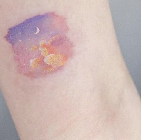 Yellow Moon Tattoo, Pink Cloud Tattoo, Pastel Tattoo Ideas, Pastel Tattoo, Venus Tattoo, Neon Tattoo, Summer Tattoo, Cloud Tattoo, Small Pretty Tattoos