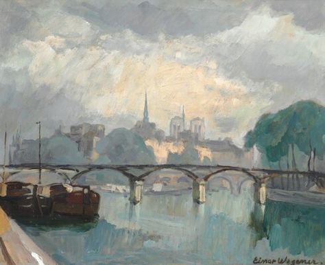 Einar Wegener: “Pont Neuf”. View from the Seine in Paris towards the Pont des Arts. Signed Einar Wegener. Oil on cardboard. 46×55 cm. Lili Elbe, Gerda Wegener, Einar Wegener, Einar Wegener Paintings, An American In Paris, The Danish Girl, The Seine, Over The River, Global Art