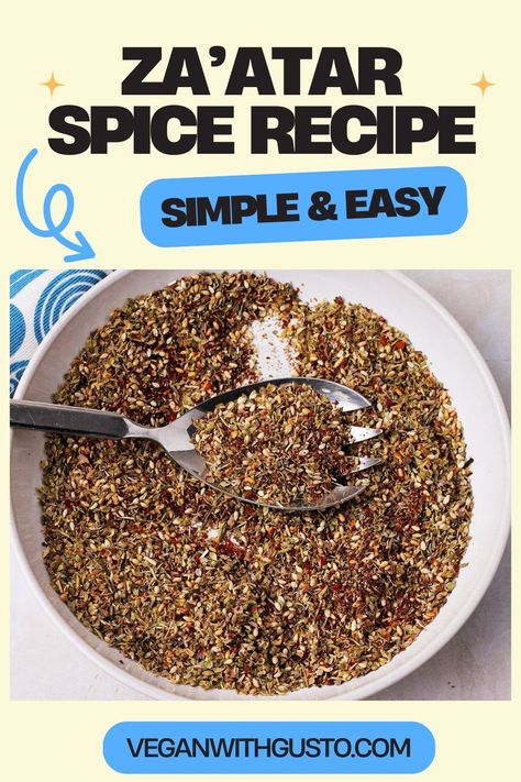 This easy za’atar spice recipe is a traditional aromatic Middle Eastern spice blend of herbs, toasted sesame seeds, sumac, and Aleppo pepper that will transform your cooking. It’s a delicious and handy spice mix for boosting the flavor of recipes like hummus, quinoa and veggies, bread or flatbread, salads and dressings, or adding fresh flavors for outstanding dinners. 6 ingredients, minutes to make, naturally vegan and gluten free – what are you waiting for? Za'atar Recipe, Vegan Chicken Salad, Shawarma Seasoning, Shawarma Spices, Best Vegan Cheese, Homemade Tahini, Peanut Sauce Recipe, Aleppo Pepper, Spice Blends Recipes