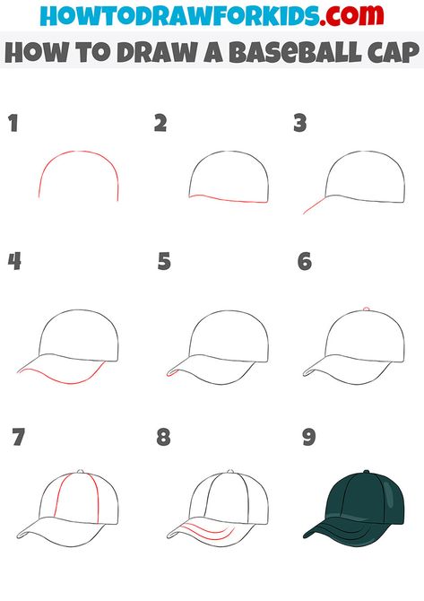 how to draw a baseball cap step by step Directed Drawing Kindergarten, Drawing Hats, Cap Drawing, Hat Drawing, Baseball Videos, Hat Template, Drawing Heads, Mandala Design Pattern, Drawing Simple