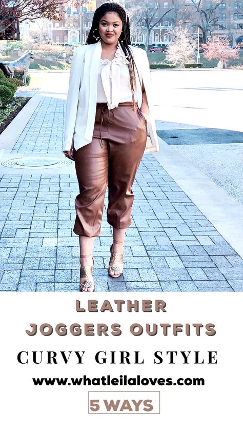 Cognac Faux Leather Pants Outfit, Tan Faux Leather Joggers Outfit, Faux Leather Joggers Outfit Plus Size, Brown Faux Leather Joggers Outfit, Brown Leather Joggers Outfit Winter, Tan Leather Joggers Outfit, How To Style Faux Leather Joggers, Camel Faux Leather Pants Outfit, Faux Leather Joggers Outfit Dressy