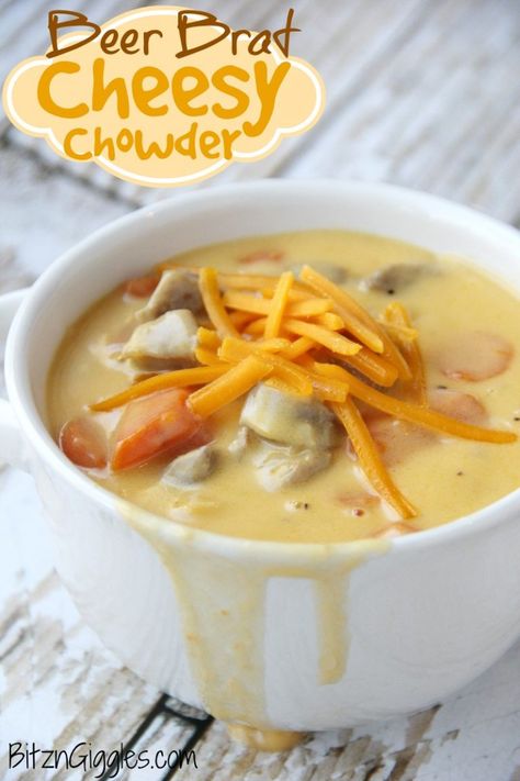 Beer Brat Cheesy Chowder - A flavorful, cheesy and delicious Midwestern-inspired chowder sure to satisfy the heartiest of appetites! Brat Soup, Beer Brat, Recipe Chart, Wisconsin Cheese Curds, Beer Brats, Wisconsin Cheese, Chowder Recipe, Cheese Curds, Chowder Recipes