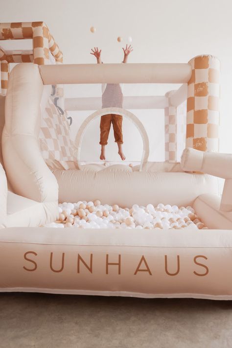 JumpHaus bounce house inflatable water slide by SUNHAUS Co Bounce House First Birthday, Neutral Bounce House, Aesthetic Bounce House, Bounce House Birthday Party Ideas, Mini Bounce House, Birthday Bounce House, Bounce House Business, Modern Bounce House, Indoor Bounce House